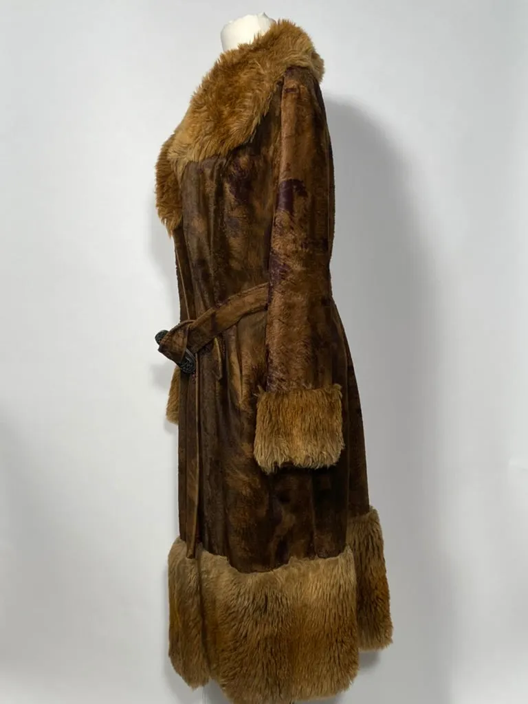1970s Two Tone Brown Faux Fur Astraka of London Belted Coat