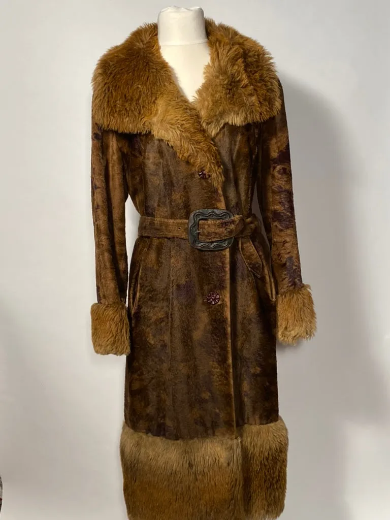1970s Two Tone Brown Faux Fur Astraka of London Belted Coat