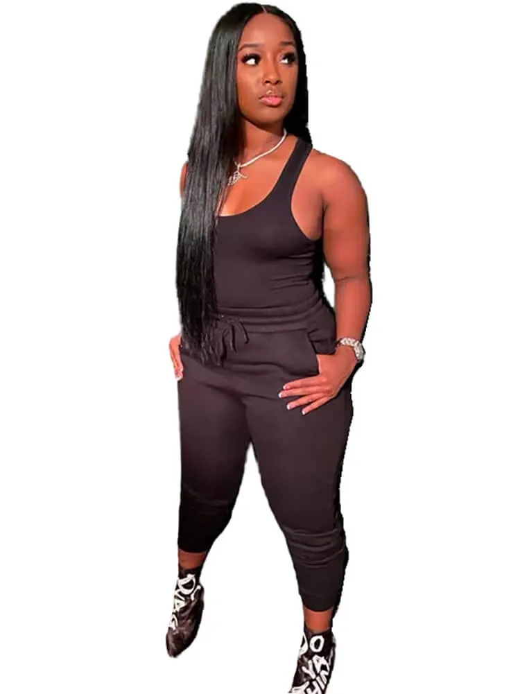 2 Piece Sleeveless Solid Color Tank Tops Pants Sets