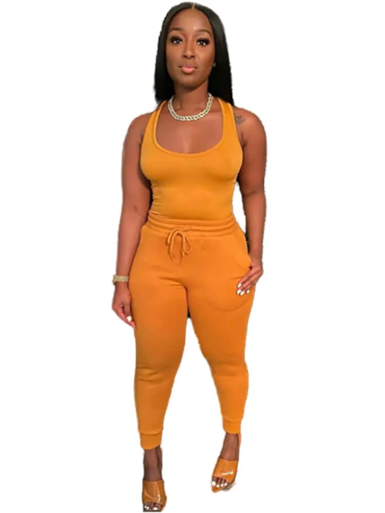 2 Piece Sleeveless Solid Color Tank Tops Pants Sets