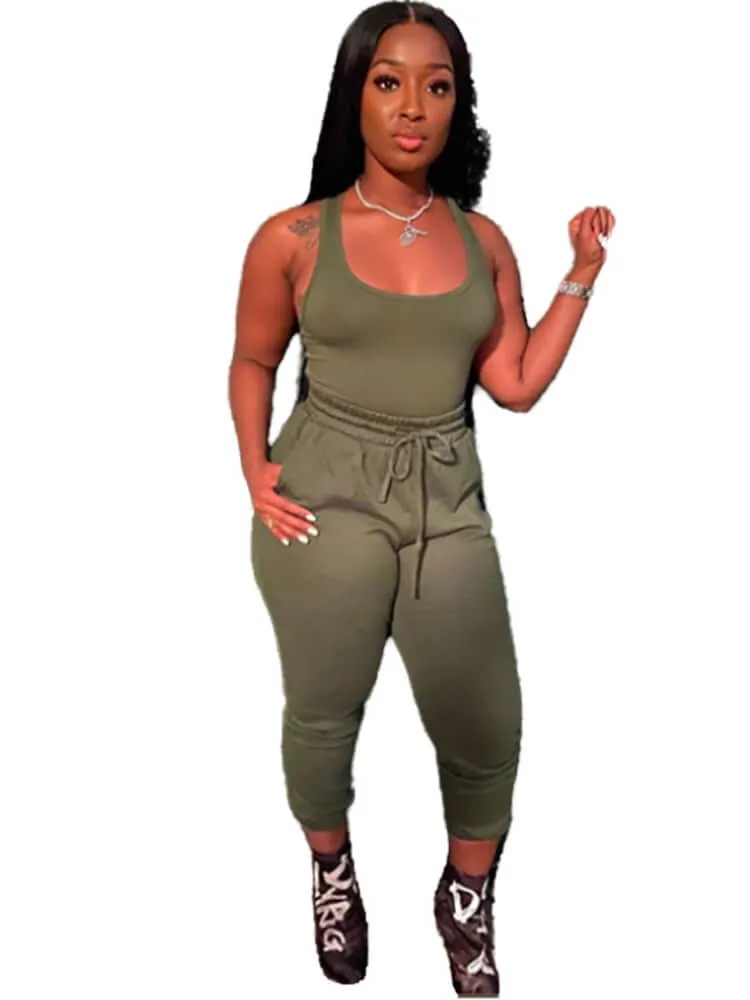 2 Piece Sleeveless Solid Color Tank Tops Pants Sets