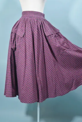 80s Purple Plaid Full Skirt, Huge Pockets Cottagecore Prairie Skirt, 24" Waist