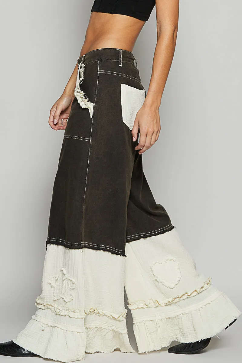 All The Frills Twill   Double Gauze Wide Leg Patch Pants