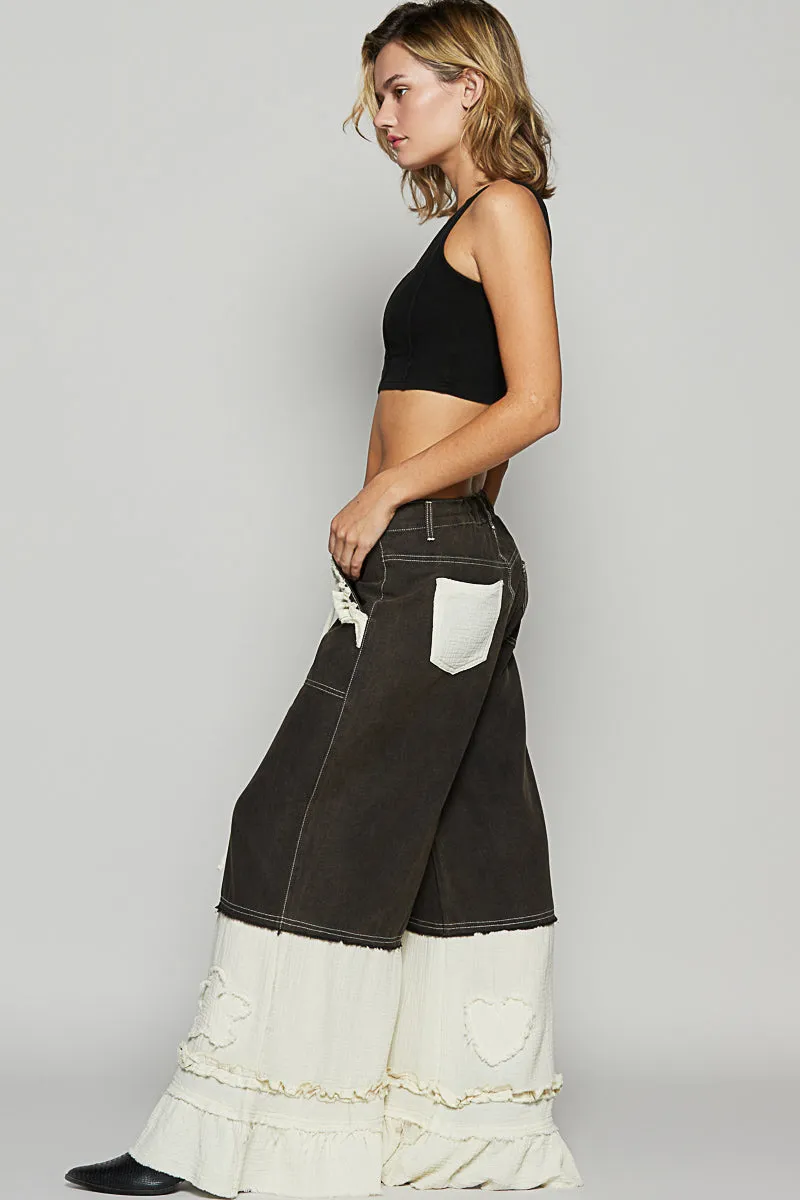 All The Frills Twill   Double Gauze Wide Leg Patch Pants