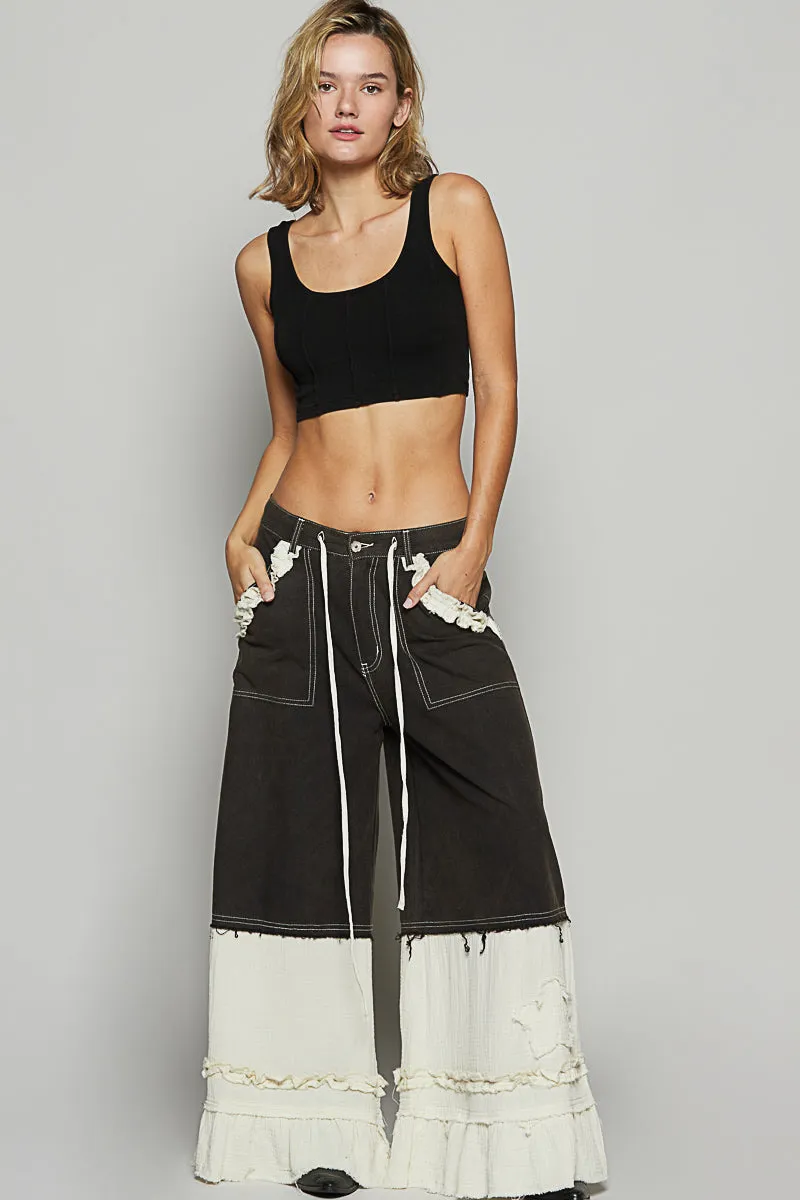 All The Frills Twill   Double Gauze Wide Leg Patch Pants