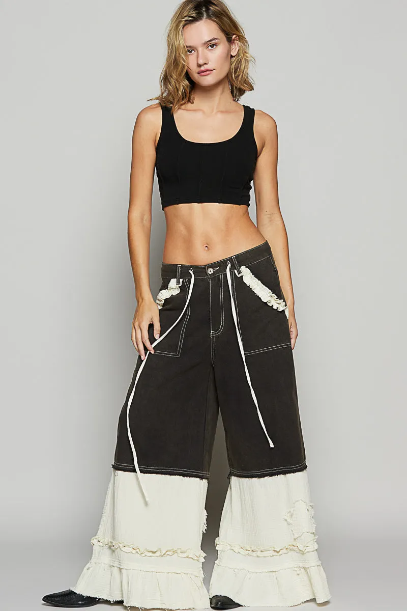 All The Frills Twill   Double Gauze Wide Leg Patch Pants