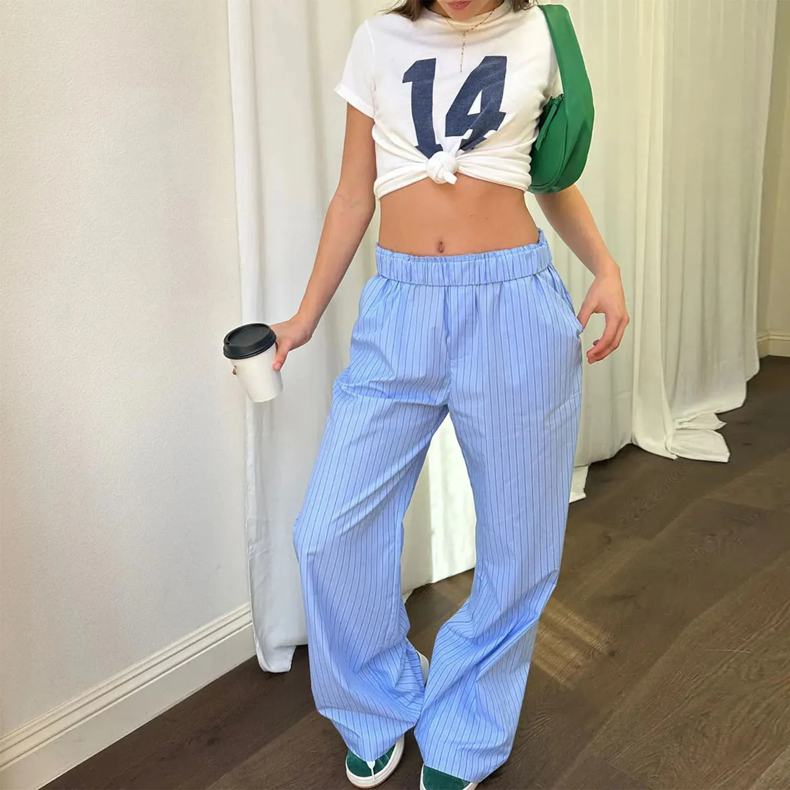 Back To School Joskaa Women's Y2K Loose Wide-Leg Pants Striped Elastic Waist Long Trousers Spring Summer Casual Sweatpants Lounge Bottoms