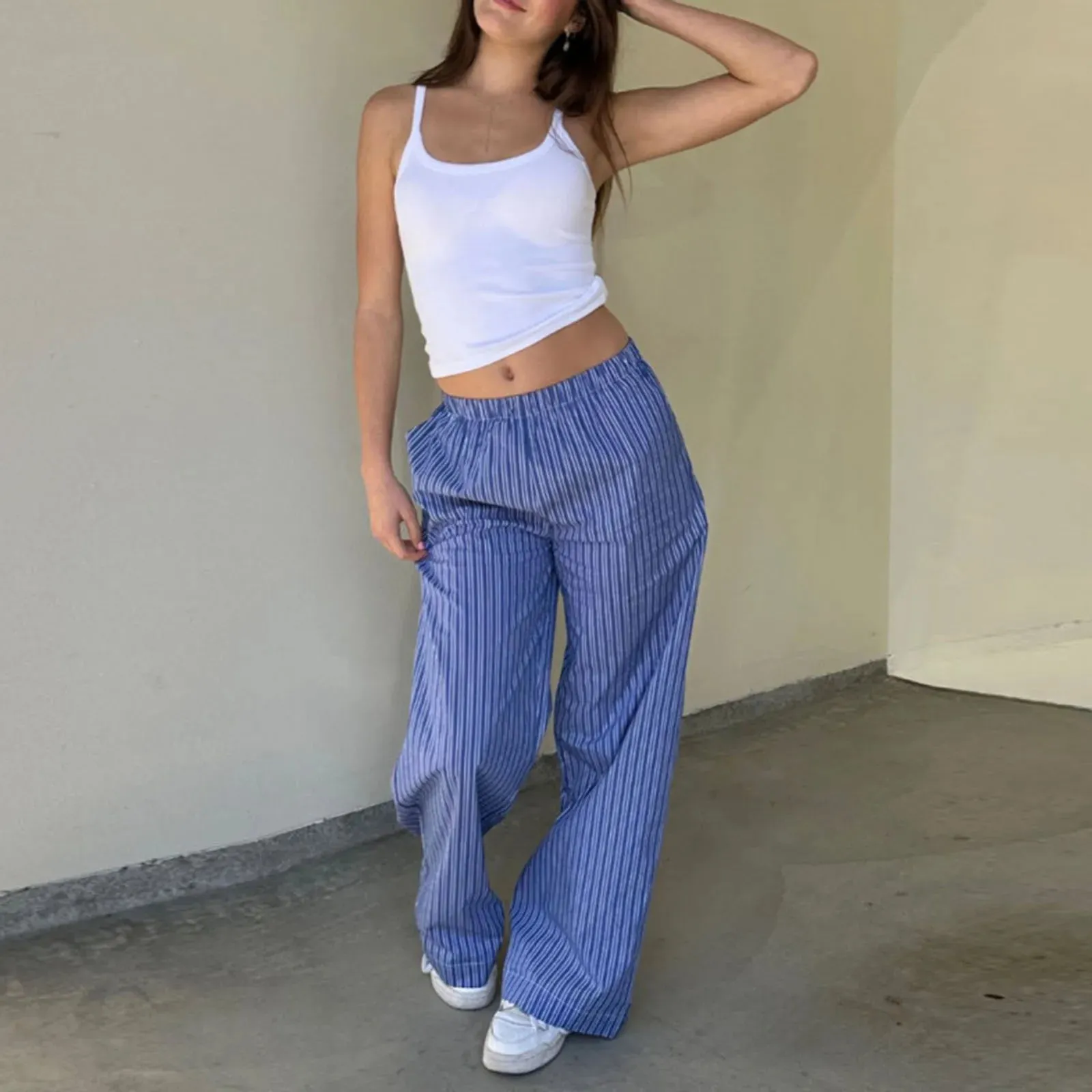 Back To School Joskaa Women's Y2K Loose Wide-Leg Pants Striped Elastic Waist Long Trousers Spring Summer Casual Sweatpants Lounge Bottoms