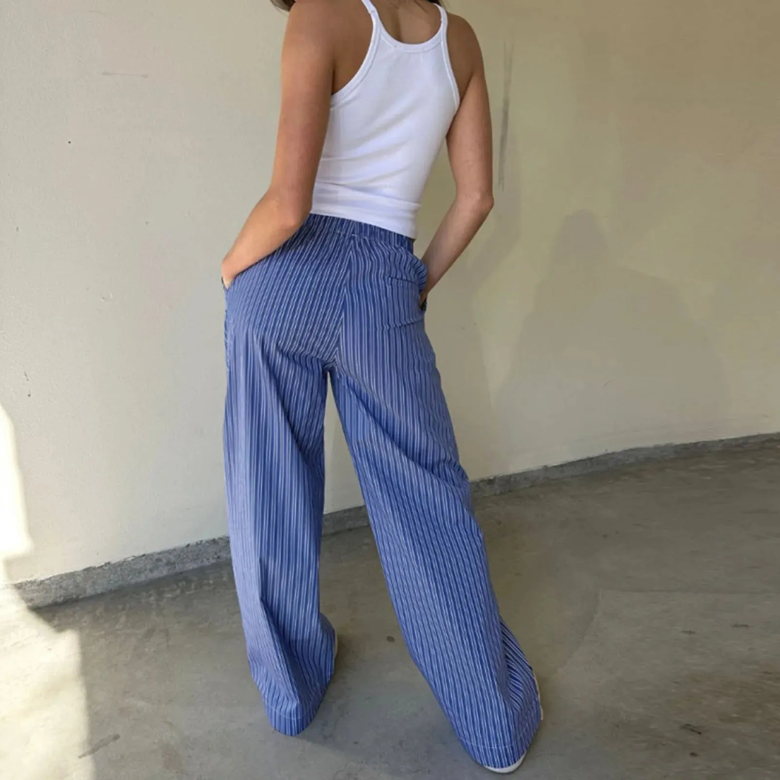 Back To School Joskaa Women's Y2K Loose Wide-Leg Pants Striped Elastic Waist Long Trousers Spring Summer Casual Sweatpants Lounge Bottoms