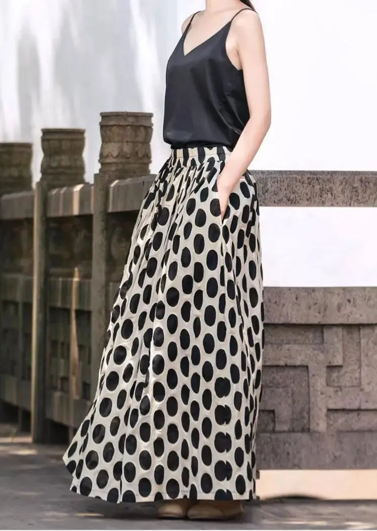 Black Polka Dot A-Line Cotton Skirt with Elastic Waist