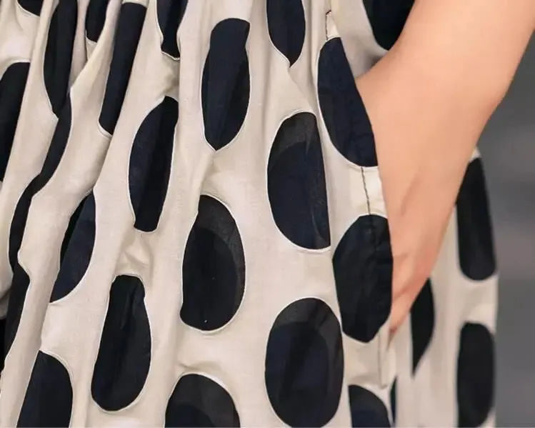 Black Polka Dot A-Line Cotton Skirt with Elastic Waist