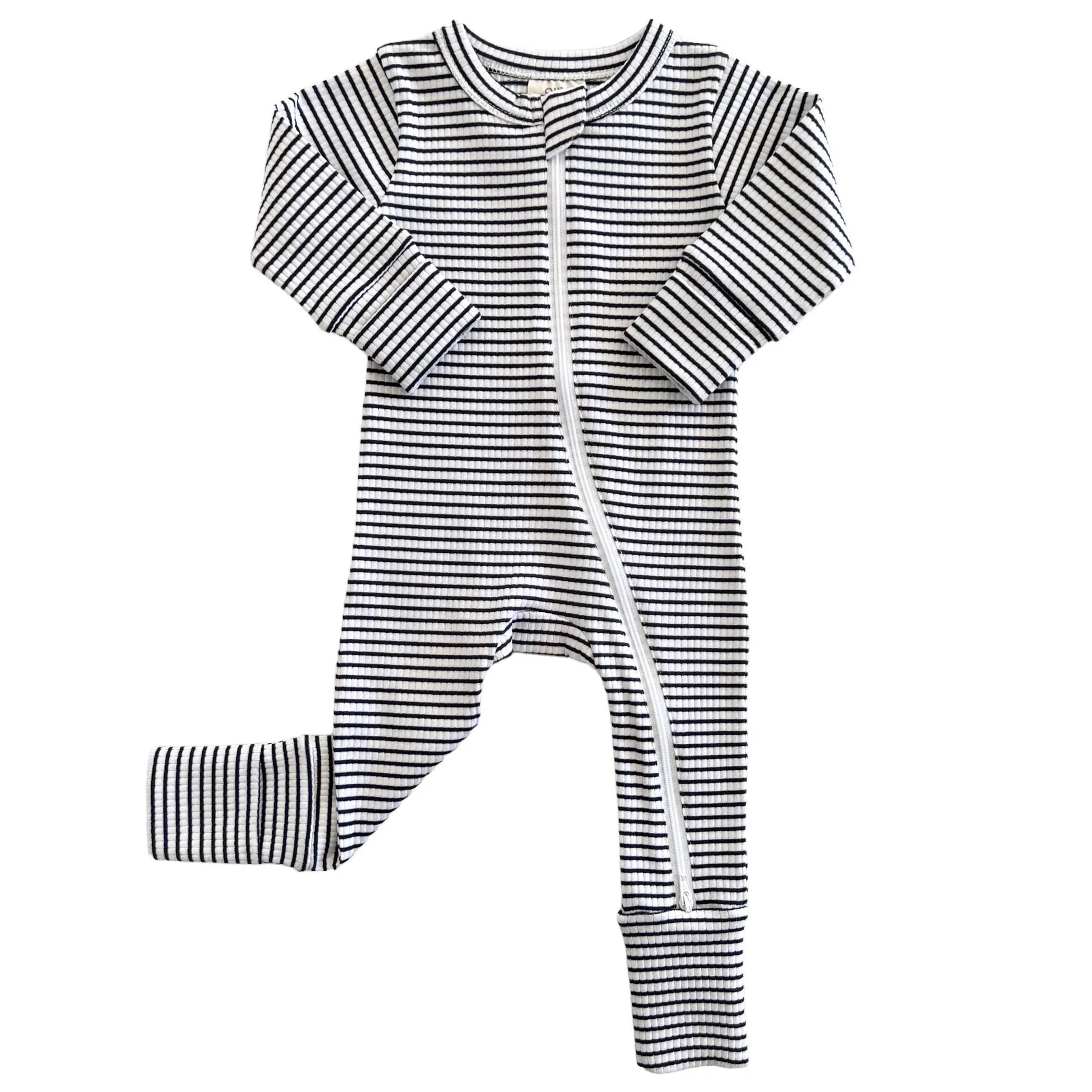 Black Stripe Organic Ribbed 2-Way Zip Romper