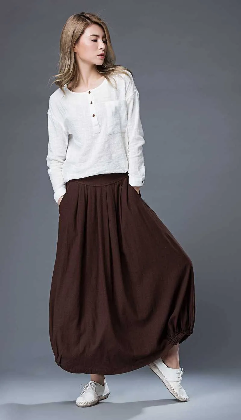 Brown Casual Skirt - Linen Everyday Modern Comfortable Long Maxi Skirt with Two Pockets C865