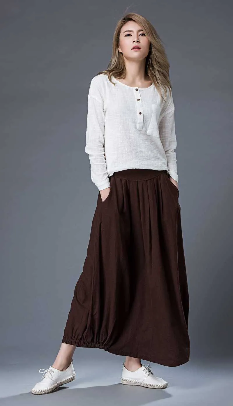 Brown Casual Skirt - Linen Everyday Modern Comfortable Long Maxi Skirt with Two Pockets C865
