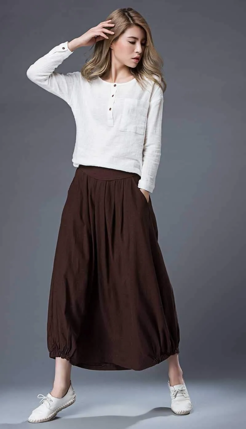 Brown Casual Skirt - Linen Everyday Modern Comfortable Long Maxi Skirt with Two Pockets C865