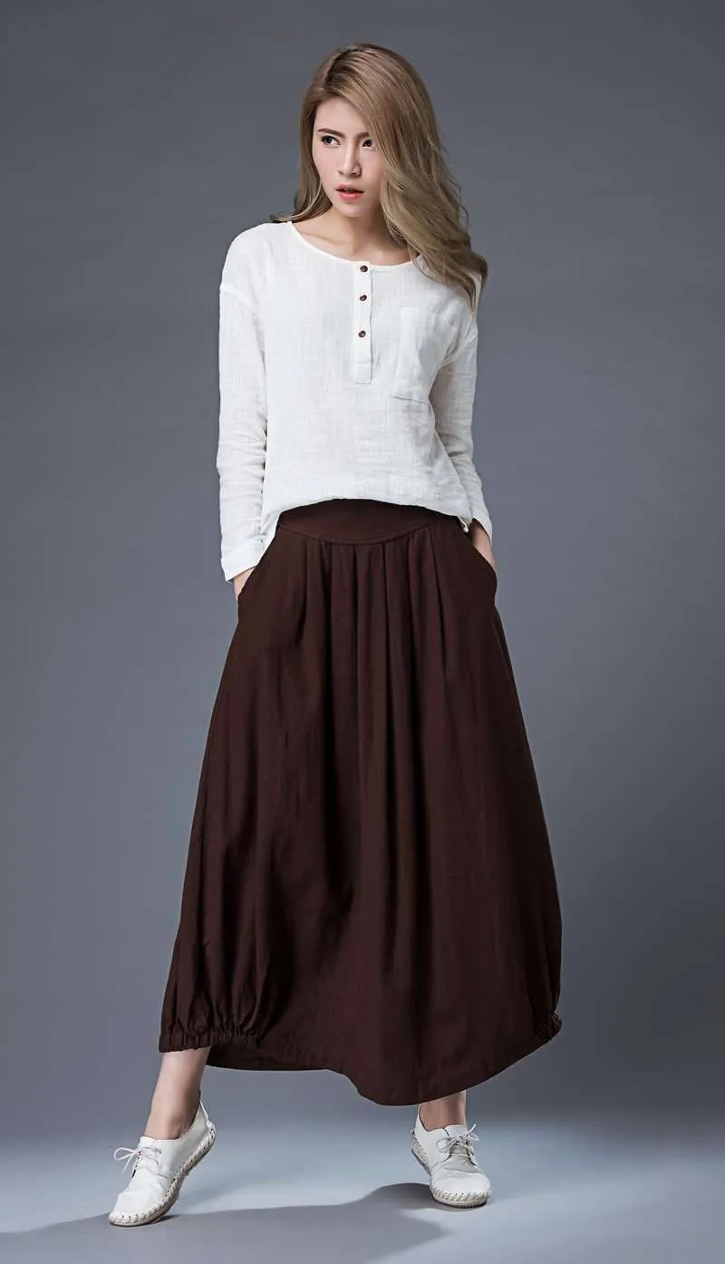Brown Casual Skirt - Linen Everyday Modern Comfortable Long Maxi Skirt with Two Pockets C865
