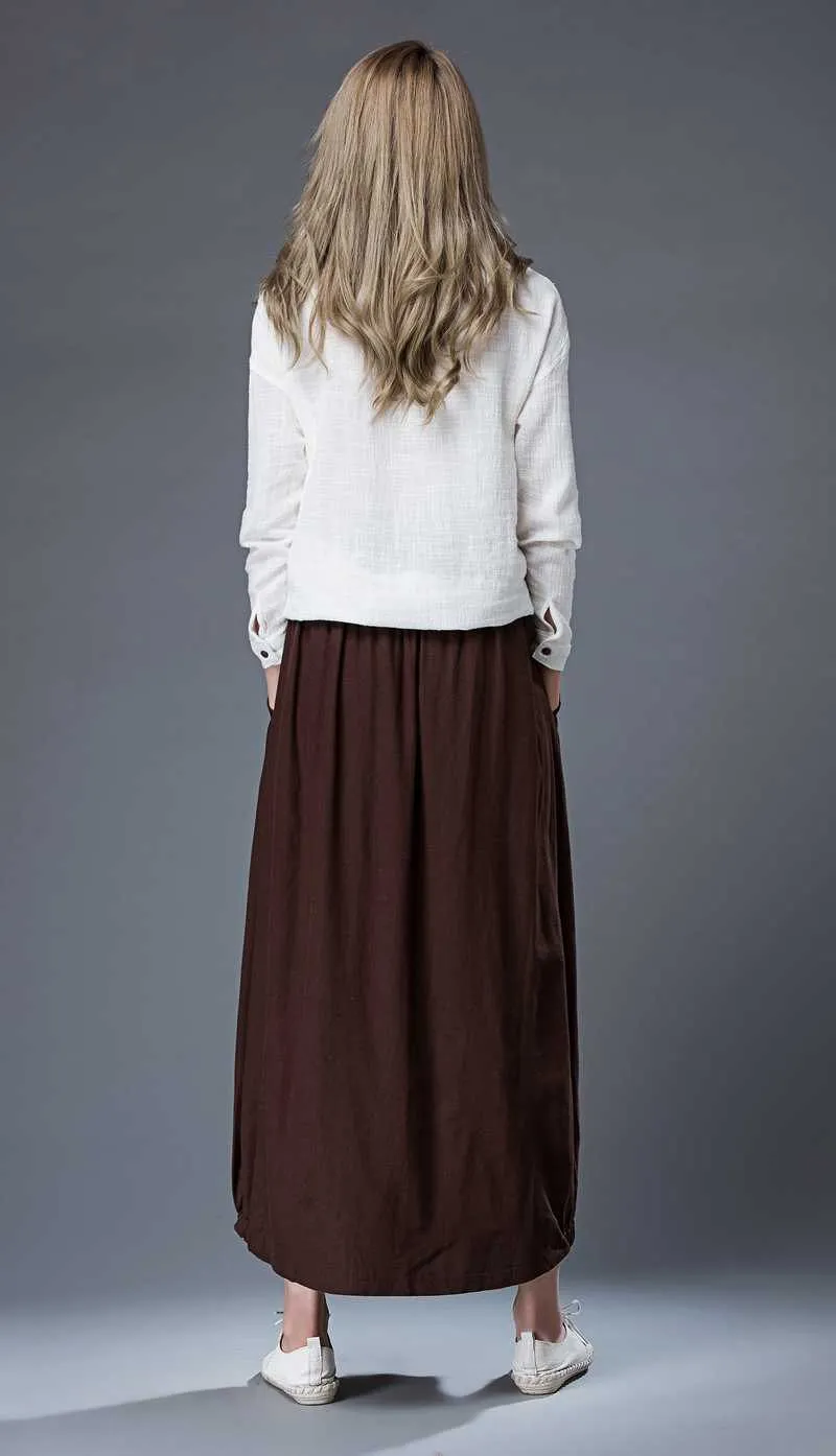 Brown Casual Skirt - Linen Everyday Modern Comfortable Long Maxi Skirt with Two Pockets C865