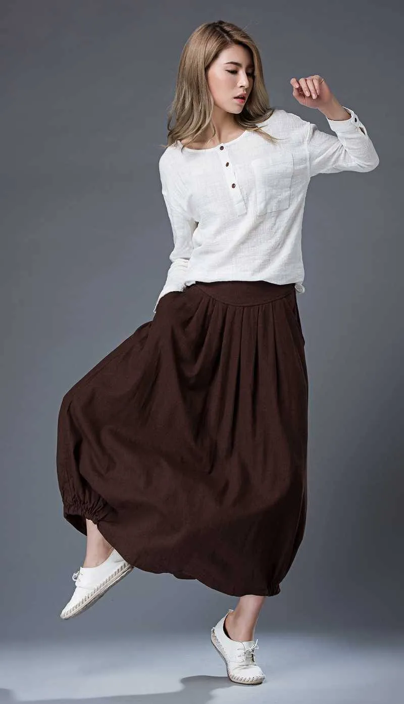 Brown Casual Skirt - Linen Everyday Modern Comfortable Long Maxi Skirt with Two Pockets C865