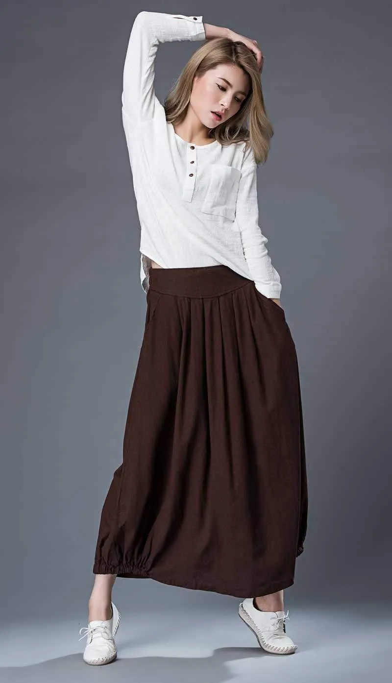 Brown Casual Skirt - Linen Everyday Modern Comfortable Long Maxi Skirt with Two Pockets C865