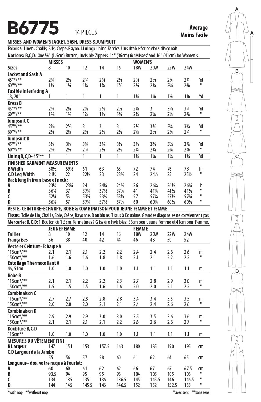 Butterick sewing pattern 6775 Jacket, Dress and Jumpsuits