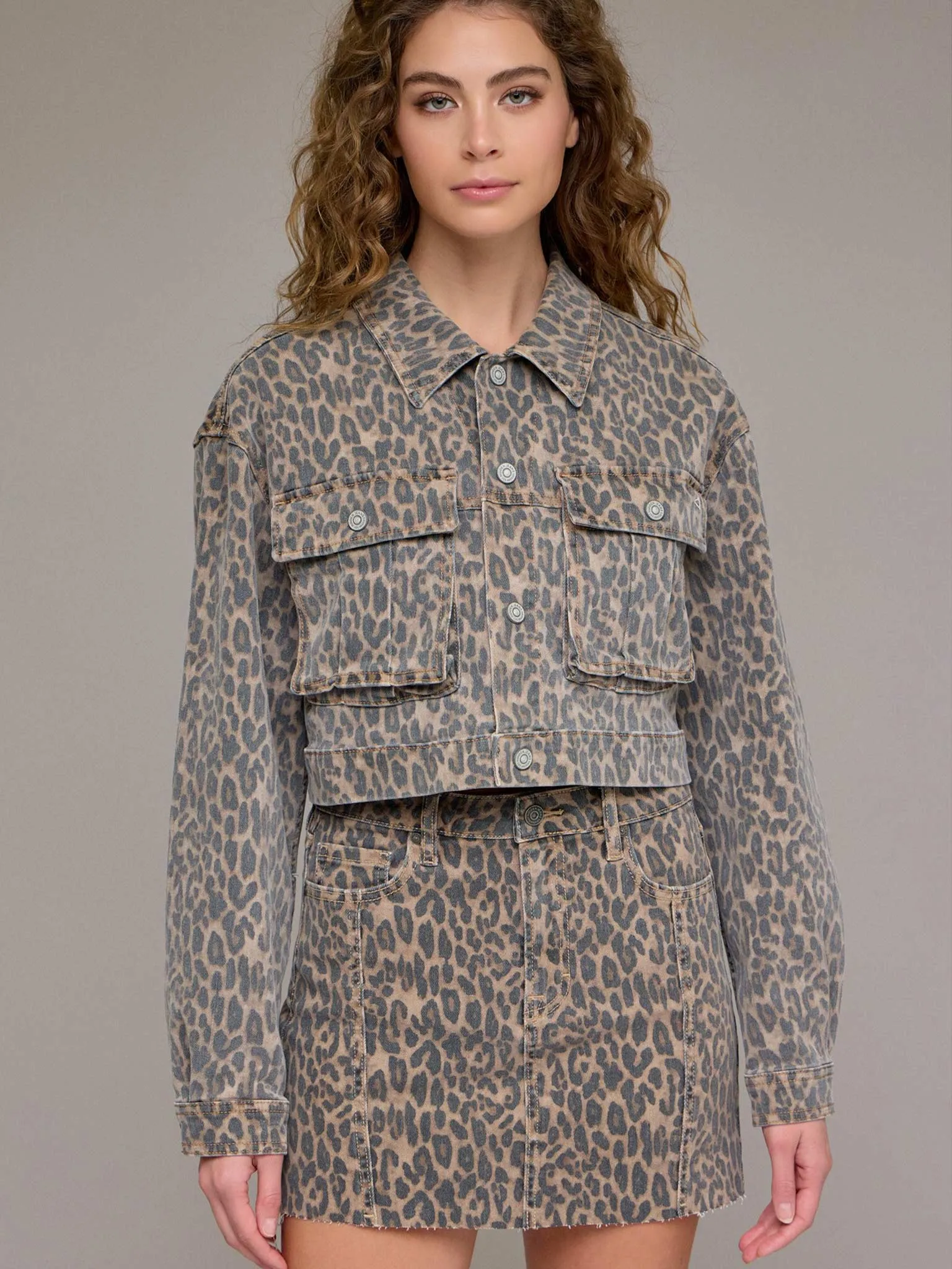Cheetah Cropped Cargo Denim Jacket