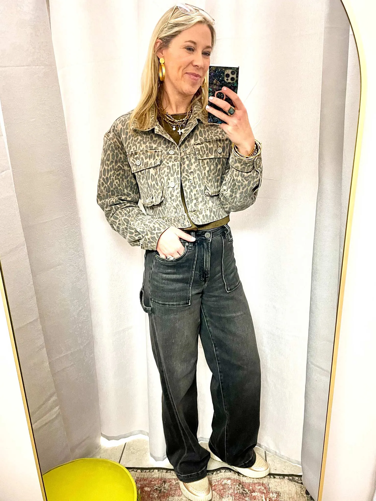 Cheetah Cropped Cargo Denim Jacket
