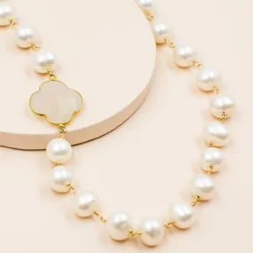 Classic White Pearls with Faceted Chalcedony Clover Necklace
