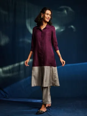 Colour Block Silk Blend A-line Kurta Set - Burgundy & Grey