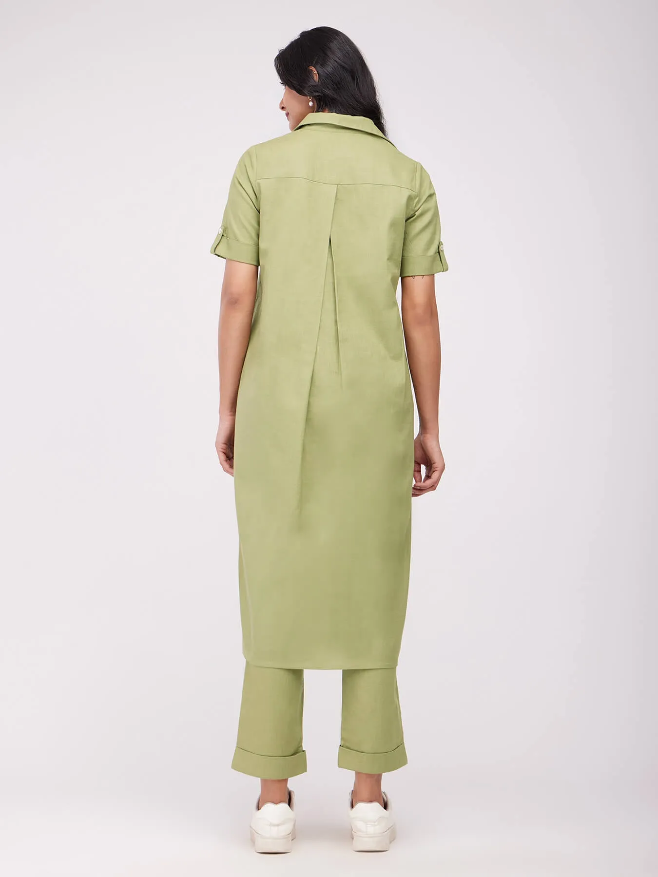 Cotton Solid Pleated Kurta Set - Green