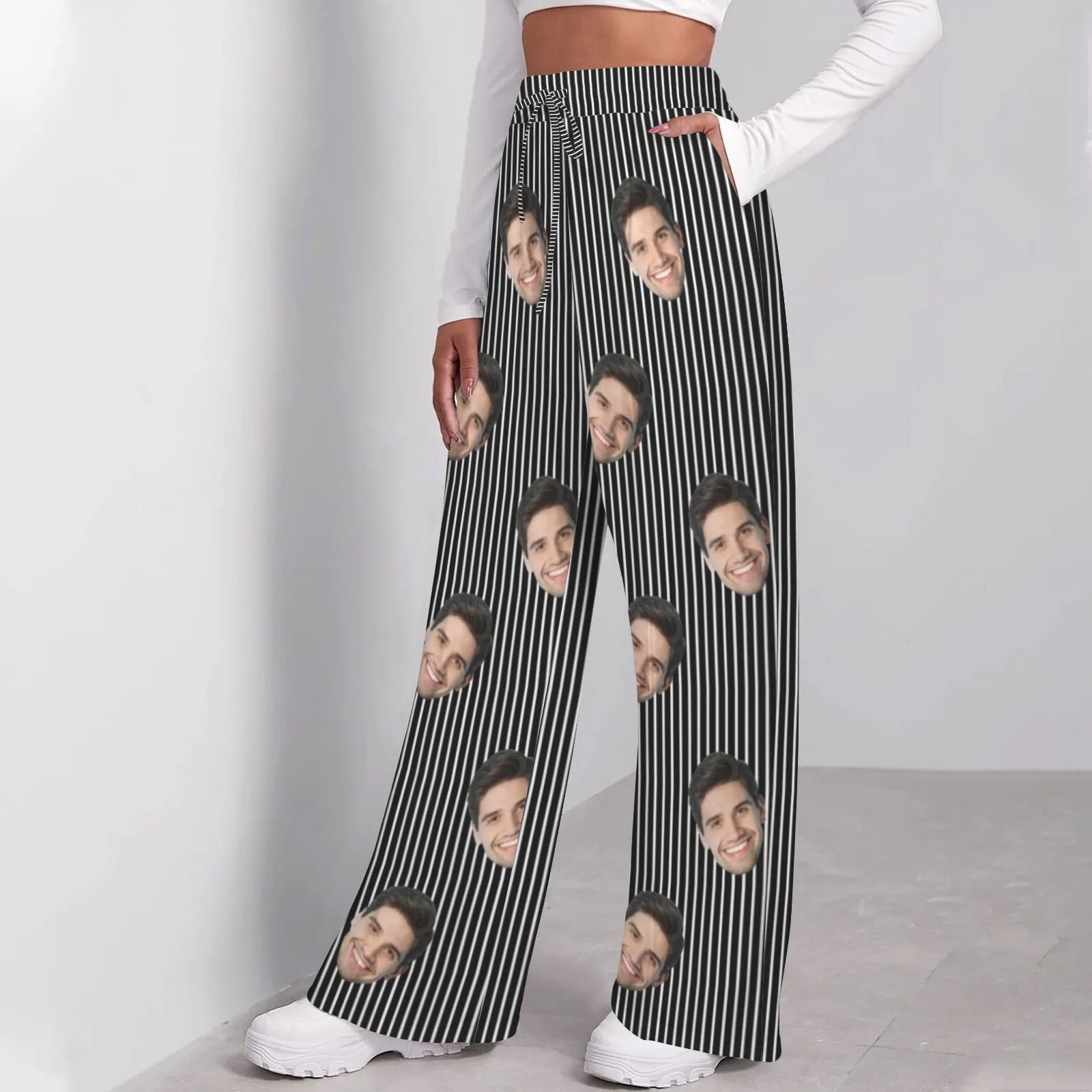 Custom Face Stripes Pattern Women's Drawstring Wide Leg Sweatpants