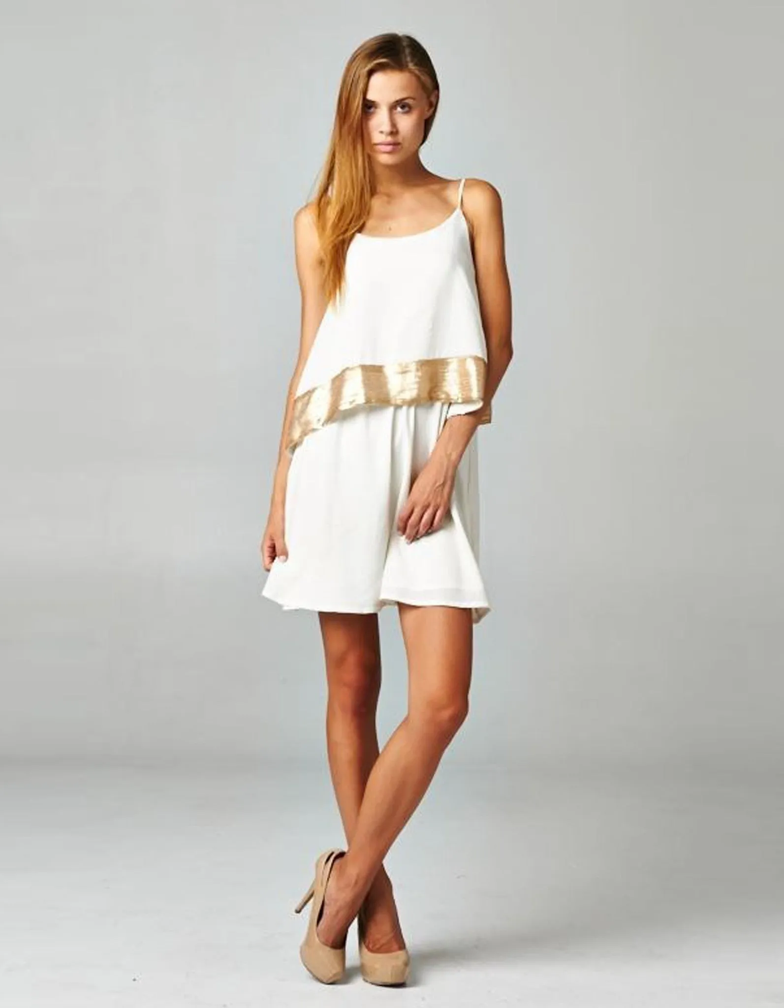 Elegant Strap Dress with Gold Sequin Trim Layer