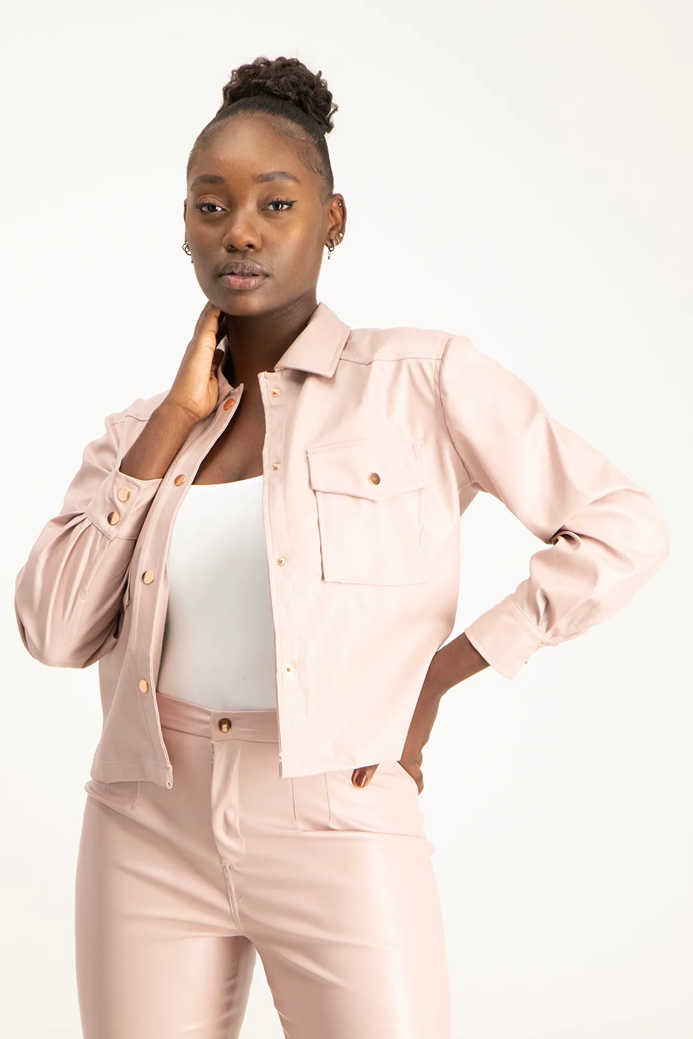 Eliana Faux Leather Shacket - Blush