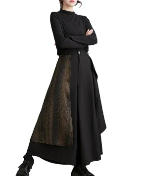 ellazhu Women's Elastic Waist Solid Color Patchwork Wide Leg Harem Skirt Pants GZ137