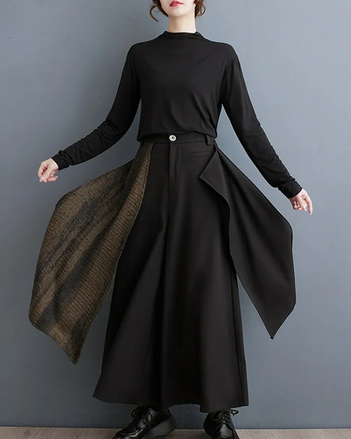 ellazhu Women's Elastic Waist Solid Color Patchwork Wide Leg Harem Skirt Pants GZ137