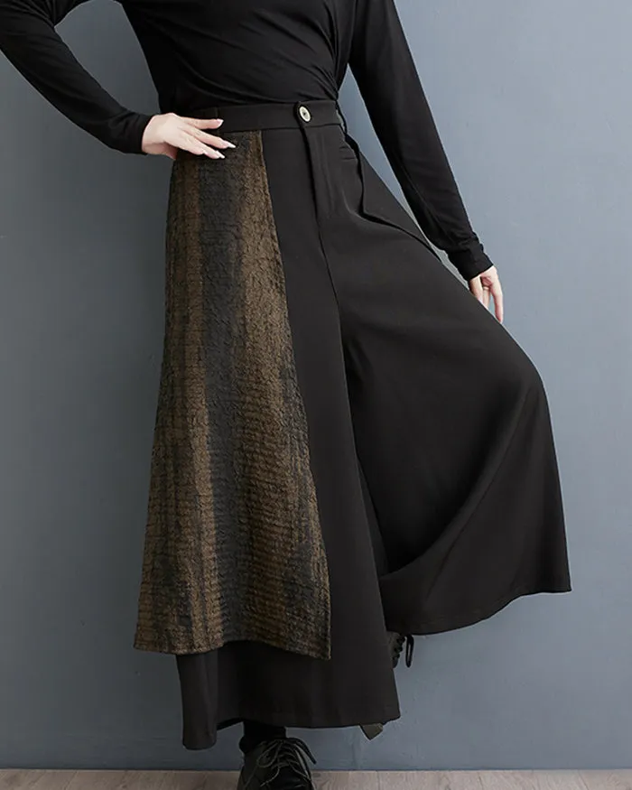 ellazhu Women's Elastic Waist Solid Color Patchwork Wide Leg Harem Skirt Pants GZ137