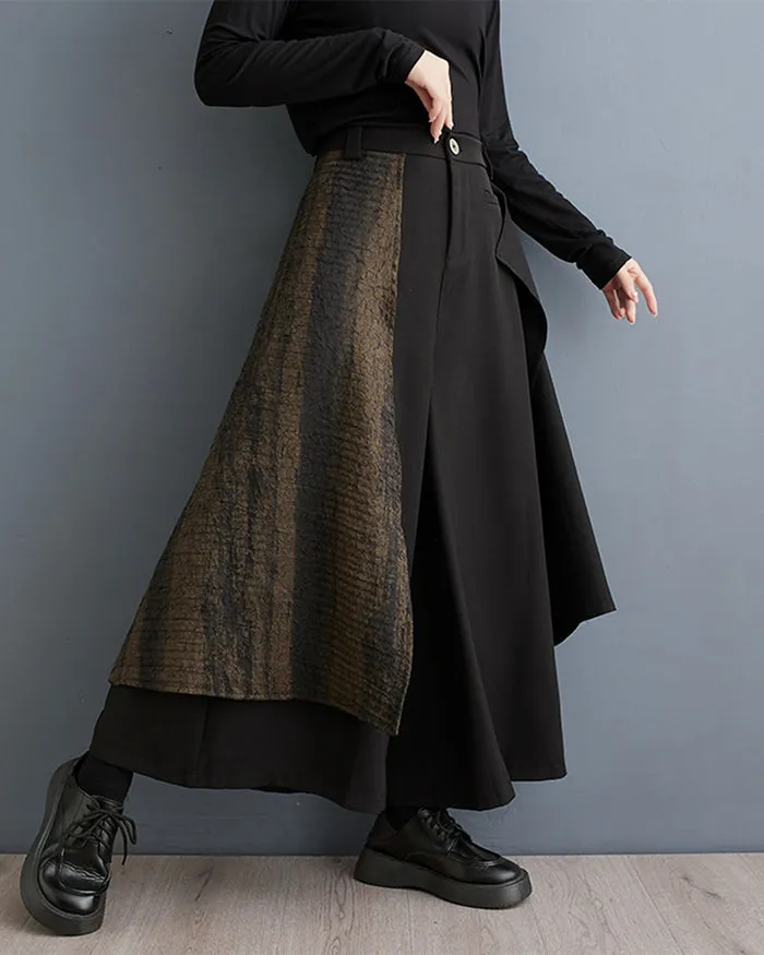 ellazhu Women's Elastic Waist Solid Color Patchwork Wide Leg Harem Skirt Pants GZ137