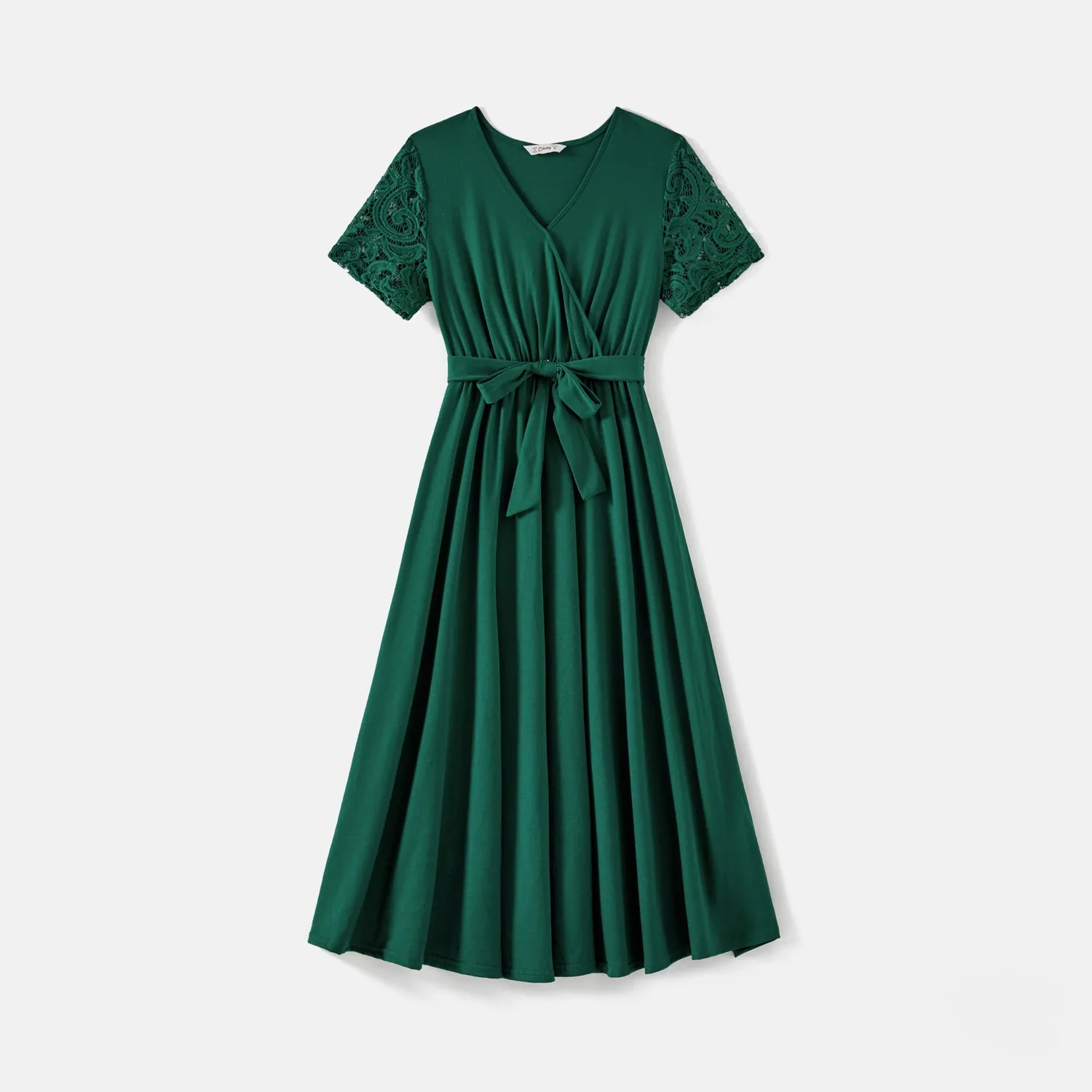 Family Matching Green Lace Spliced Dresses and Short-sleeve Colorblock Polo Shirts Sets