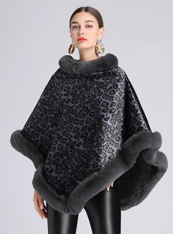 Fur-padded Fur Collar Cape Shawl Leopard-print Woolen Coat