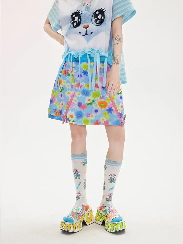 Fuzzy Flower Print A-line Skirt