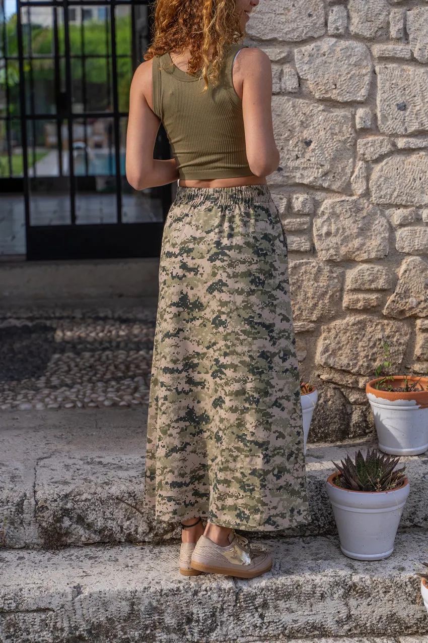 GNS Women's Khaki-Beige Gabardine Skirt with Self-Patterned, Double Pocket, Elastic Waistband BST700-3553 - Karlsruhe