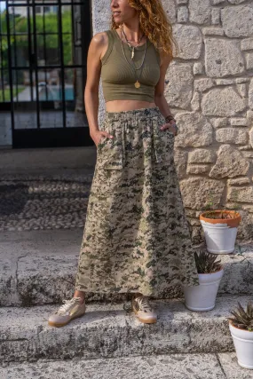 GNS Women's Khaki-Beige Gabardine Skirt with Self-Patterned, Double Pocket, Elastic Waistband BST700-3553 - Karlsruhe