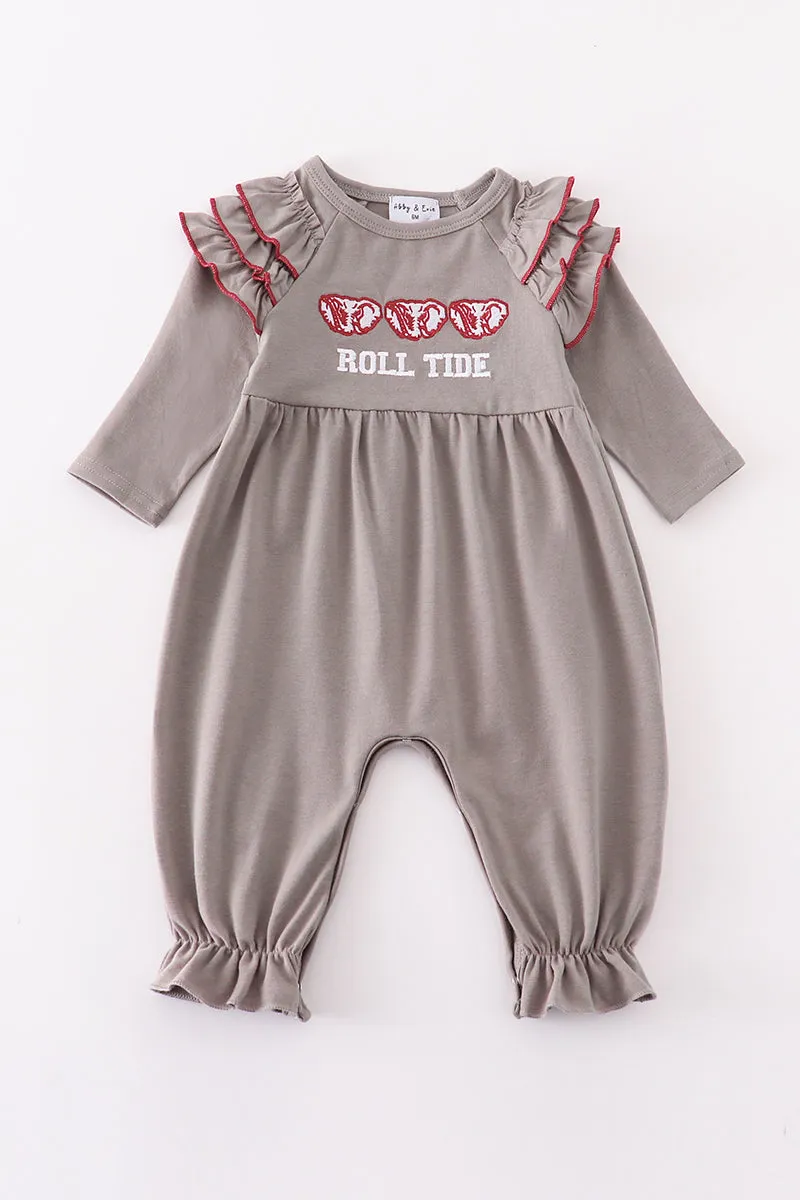 Grey Roll Tide Embroidery Girl Ruffle Romper