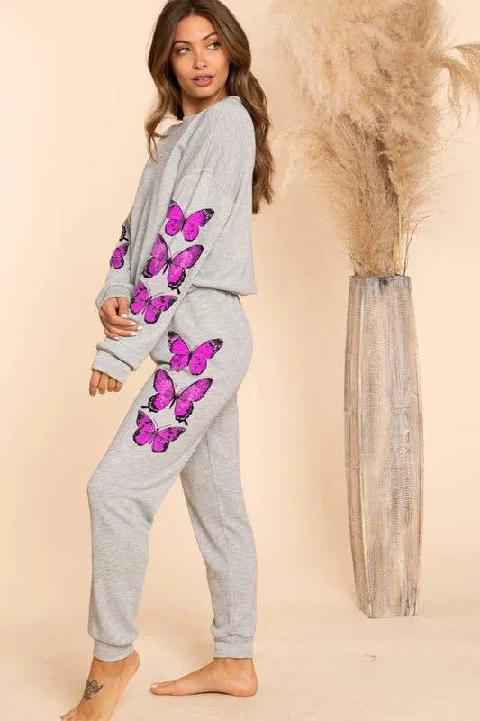 Heather Grey Pink Butterfly Sweatpants