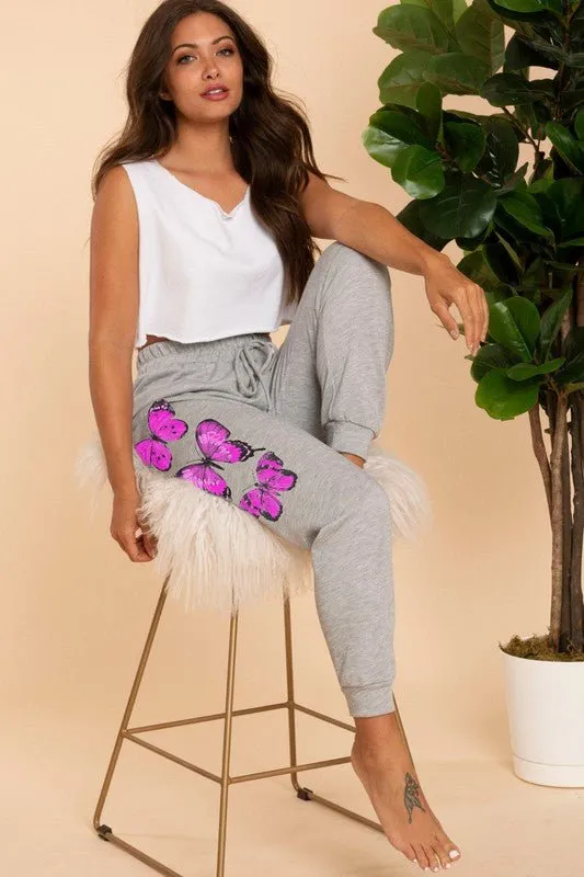 Heather Grey Pink Butterfly Sweatpants