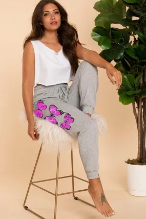 Heather Grey Pink Butterfly Sweatpants