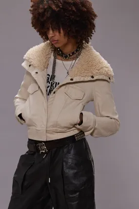 HIGH NECK TRUCKER JACKET - ECRU STRETCH
