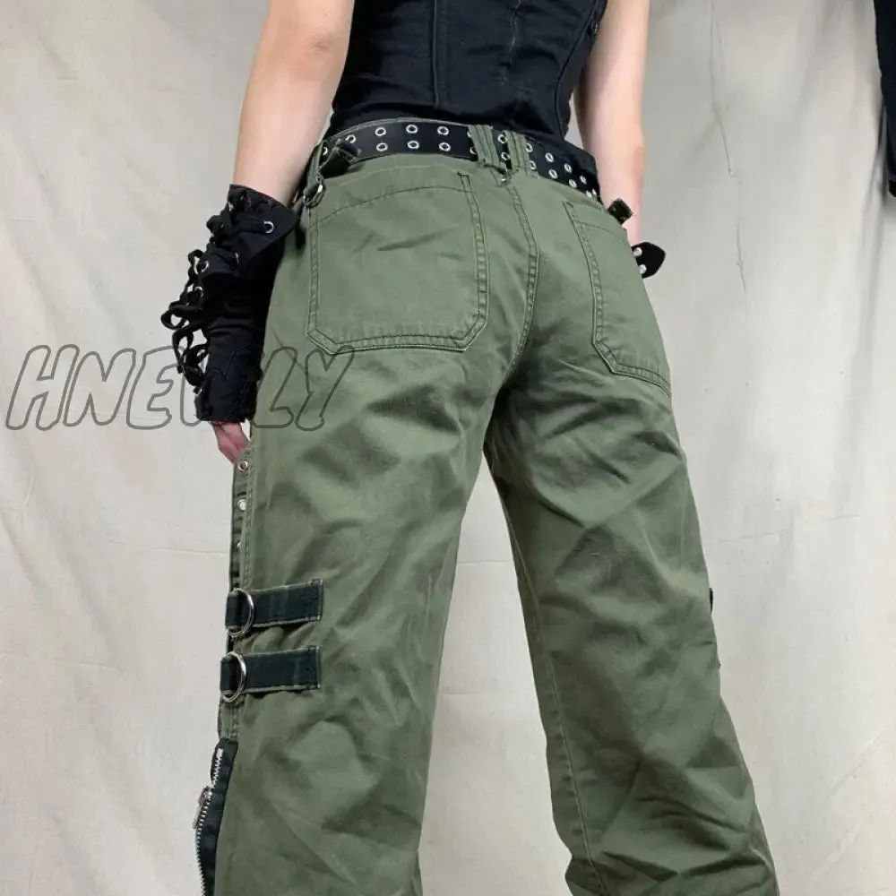 Hnewly Women's Pants Gothic Punk Baggy Vintage Kawaii Trousers Bandage Low Waist Cargo Pants Grunge Green Zipper Jeans Korea Sweatpants