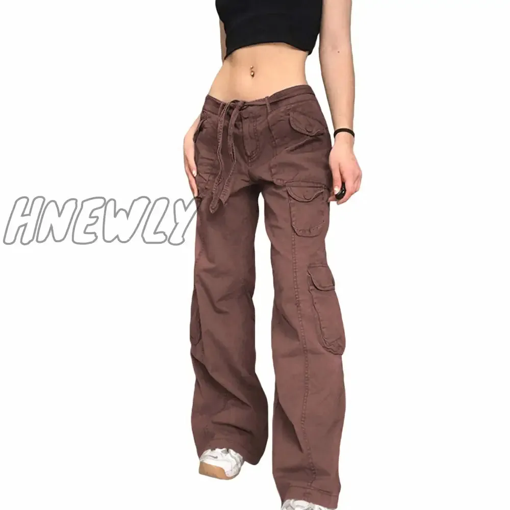 Hnewly Women's Pants Gothic Punk Baggy Vintage Kawaii Trousers Bandage Low Waist Cargo Pants Grunge Green Zipper Jeans Korea Sweatpants