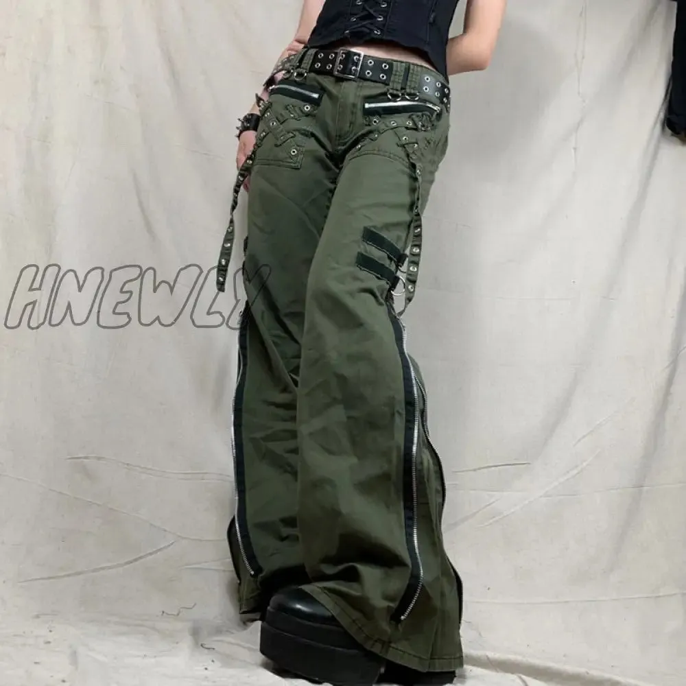 Hnewly Women's Pants Gothic Punk Baggy Vintage Kawaii Trousers Bandage Low Waist Cargo Pants Grunge Green Zipper Jeans Korea Sweatpants