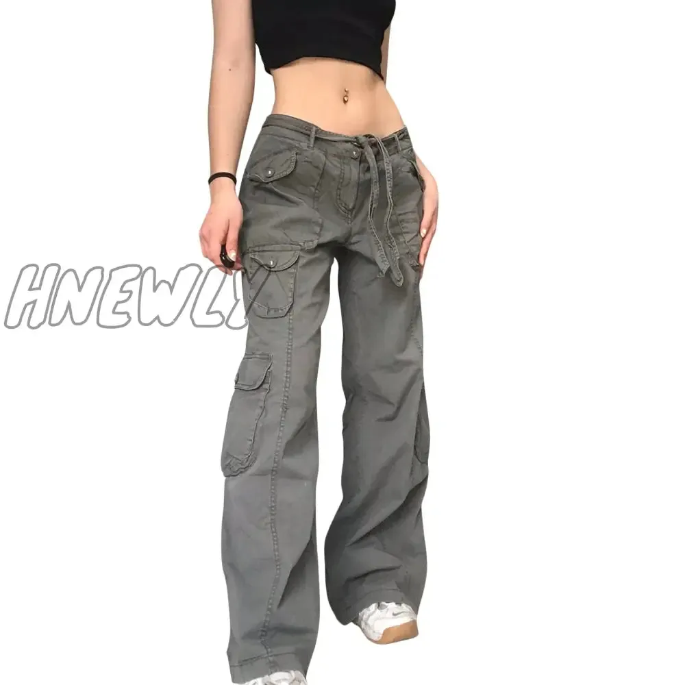 Hnewly Women's Pants Gothic Punk Baggy Vintage Kawaii Trousers Bandage Low Waist Cargo Pants Grunge Green Zipper Jeans Korea Sweatpants